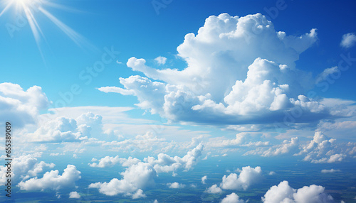 Fluffy cumulus clouds float in the clear summer sky generated by AI