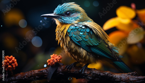 A vibrant bird perching on a branch in the tropical forest generated by AI