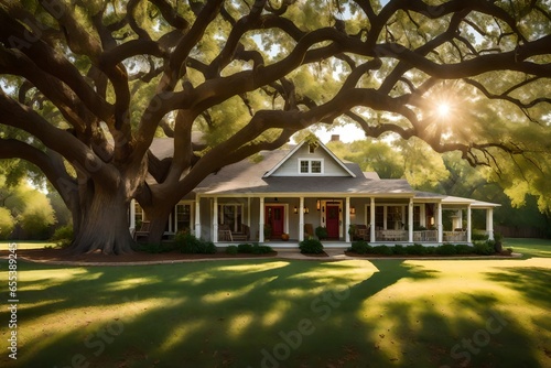 A sprawling ranch-style house, flanked by a magnificent oak tree that has stood the test of time - AI Generative