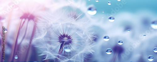 Beautiful dew drops on dandelion plant, blue violet color background.