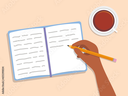 Self-care journaling illustration. Hand writing notes in self care journal, notebook or gratitude diary. 