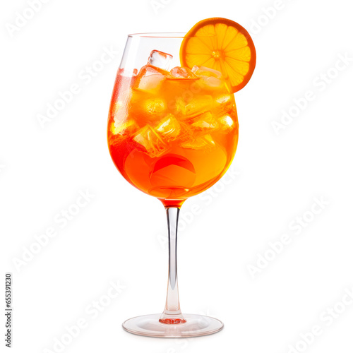 A vibrant Aperol Spritz cocktail garnished with orange slice and ice cubes photo