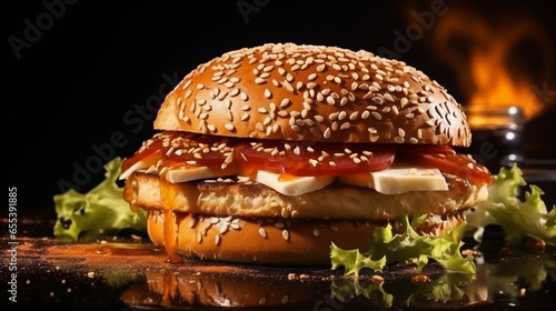 Sandwich made from a bun with a delicious filling, sprinkled with sesame seeds.