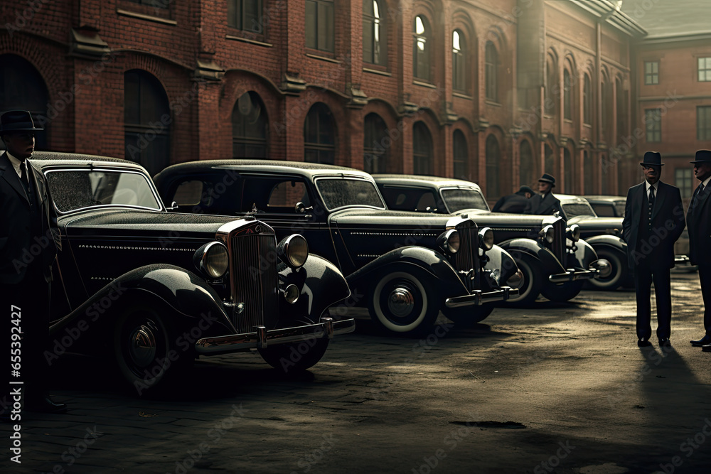 Cars in the 1930s parked in the street.