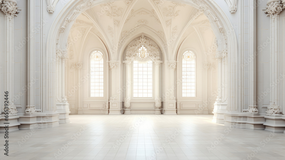 interior of a religious architecture design, white and tree bright windows 