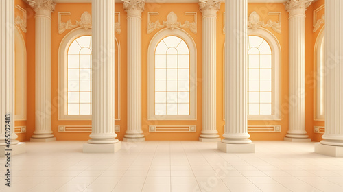 columns in the orange palace, empty design temple, art palace in 3d render 