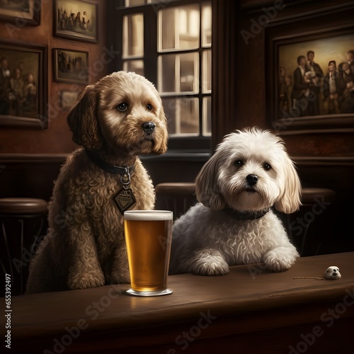 brown young cockapoo and white maltese dog drinking in a london pub 