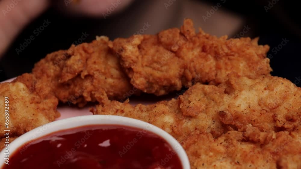 The woman is immersing a crispy fried chicken nuggets into a delicious