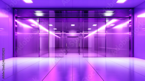 empty room with vibrant purple lighting in a modern and original office design, transparent bay window, contemporary and minimalist hall with reflexion 