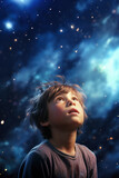 Young boy immersed in stargazing, with a look of astonishment and wonder