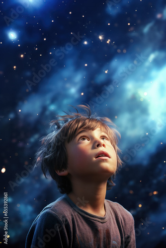 Young boy immersed in stargazing, with a look of astonishment and wonder