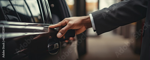 Detail or close up of man hand opening a car door handle. backlight  photo. photo