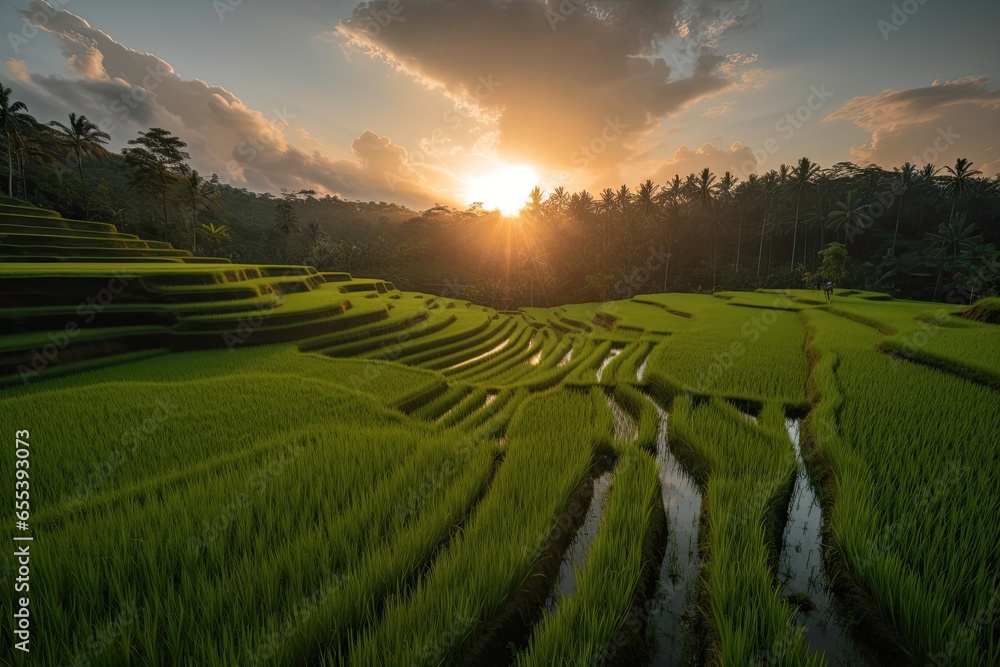 Bali's rice fields against the backdrop of a beautiful sunset