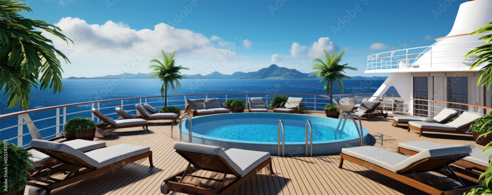Luxury pool deck at modern cruise ship at summer vacation. - obrazy, fototapety, plakaty 