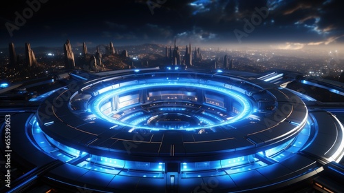 A futuristic city at night with blue lights. Imaginary illustration. Empty stage mockup.