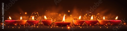 A row of lit candles in front of a black background. Imaginary illustration. Diwali greeting card.