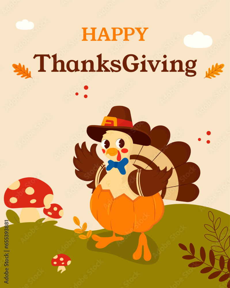 Naklejka premium Thanksgiving Day. Banner, inscription on card. Turkey, pumpkins, Autumn harvest in a basket, autumn leaves. Vector graphics in cartoon style.
