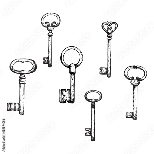 Ancient keys hand drawn vector illustration. Set with metal key vintage style sketch isolated on white background for design, tattoo, card, print, logo. Accessories, mystical symbol