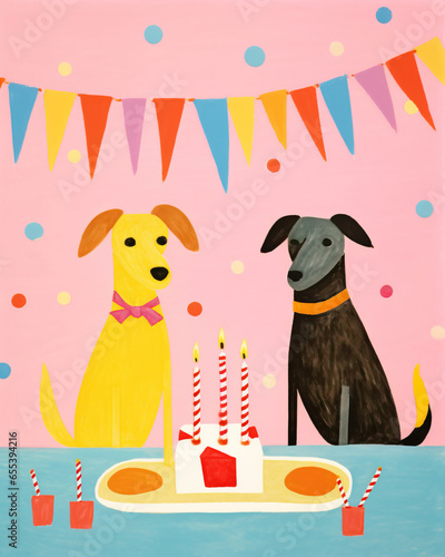 A vector of a birthday card of dogs with a party head on, balloons and confetti. photo