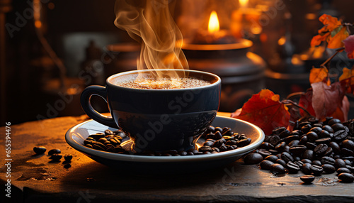 Coffee cup on wooden table, steam rising, creating a cozy atmosphere generated by AI