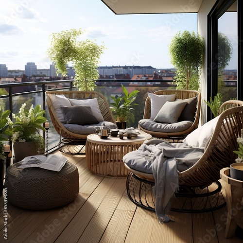 Modern bohamian balcony idea with city view photo