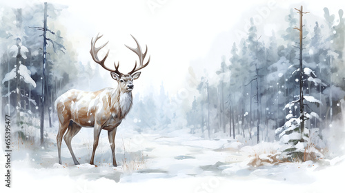 Illustration d'un cerf majestueux debout au milieu d'un paysage de forêt enneigée.