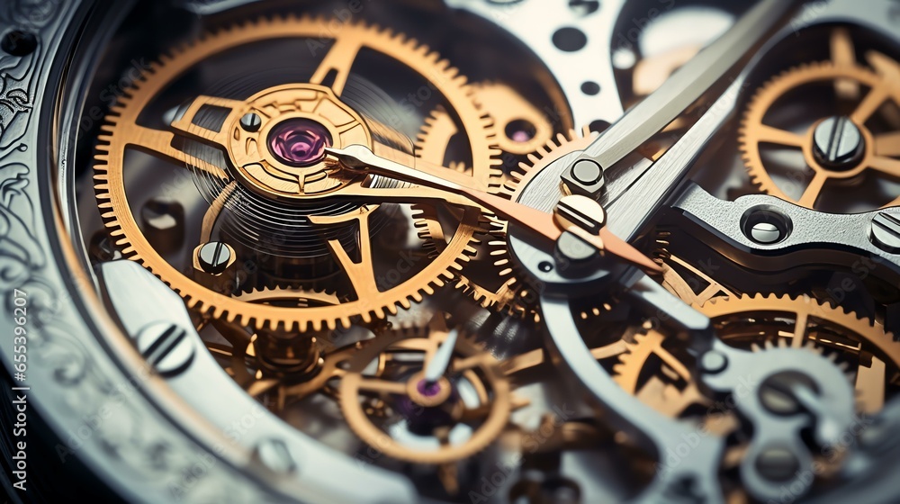 close up view of an operating gearbox of a luxerious mechanical watch, with high detail gears, macro, hazelblade f 1.0