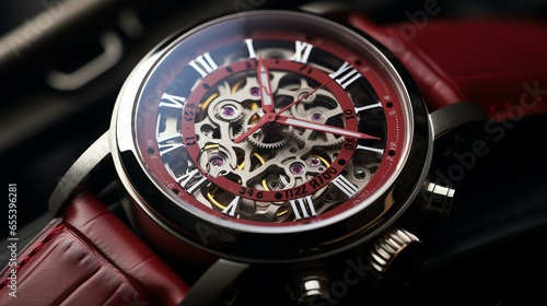 close up of a luxerious mechanical watch with red leather strip