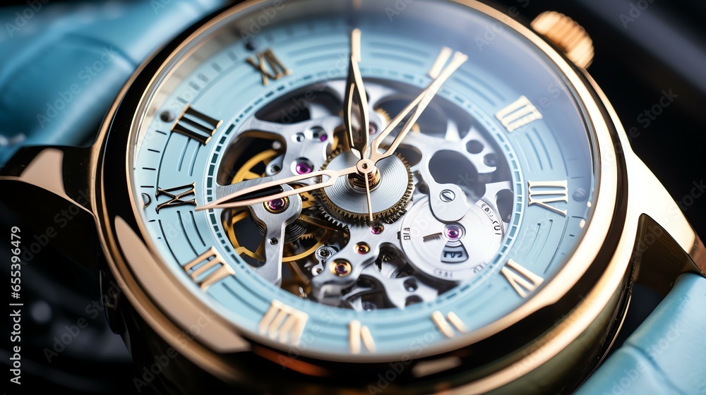 close up of a luxerious mechanical watch with a light blue leather strip close up of a luxerious mechanical watch with a light blue leather strip