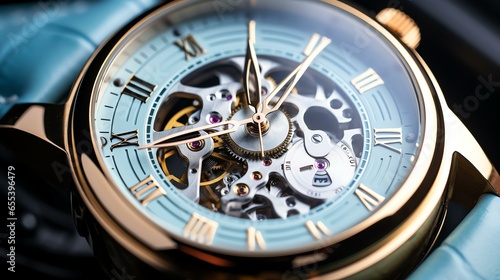 close up of a luxerious mechanical watch with a light blue leather strip