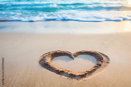 Heart on sand at beach with blue wave on background.