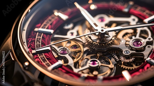 close up of a luxerious mechanical watch with a red metalic strip photo