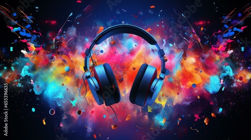 World music day banner with headset headphones on abstract colorful dust background. Music day event and musical instruments colorful design