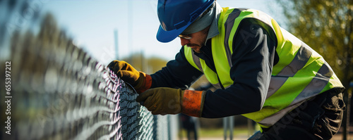 Worker fastening or repair metal mesh fence with hands.