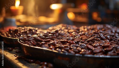Dark coffee bean, fresh drink, selective focus on foreground, indoors generated by AI