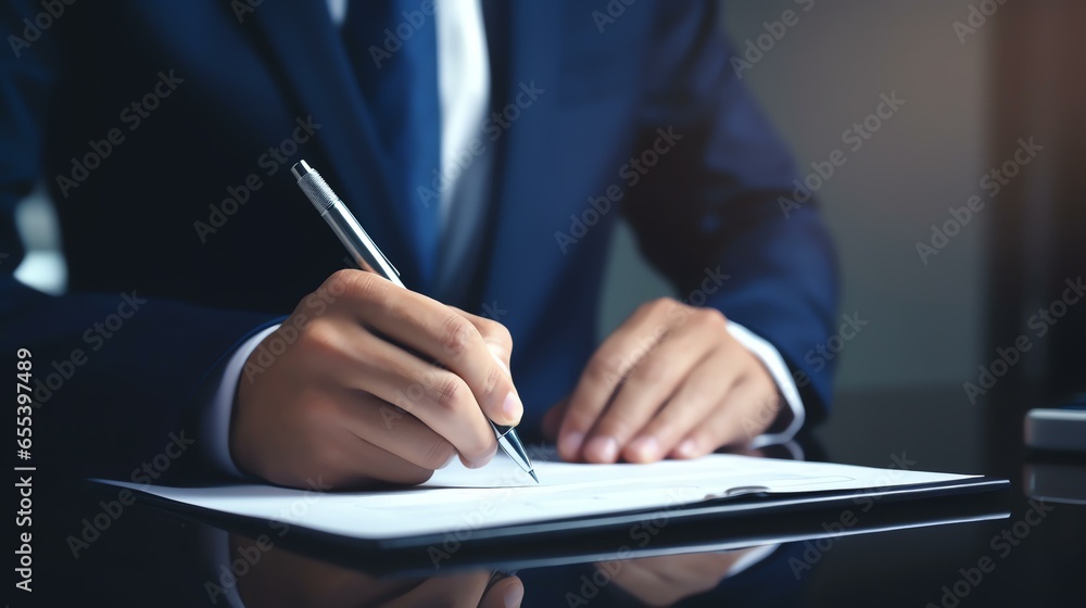 Businessman use pen to tick correct sign mark in checkbox for quality document control checklist and business approve project concept. Businessman use pen to tick correct sign mark in checkbox for quality document control checklist and business approve project concept.