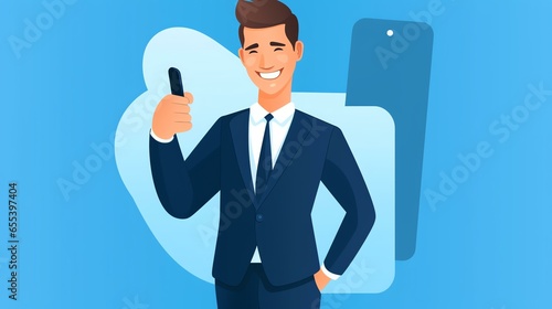 Portrait of satisfied businessman using smart phone and showing OK gesture against blue background, stock photo, studio lights, use hazelblade f 1.0 lens