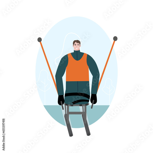 Three december world day of disabled people vector logo design.Man without legs skiing.