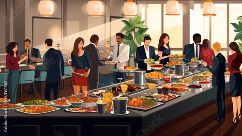 Group of people on catering buffet food indoor in restaurant with grilled meat. Buffet service for any festive event, party or wedding reception. digital ai
