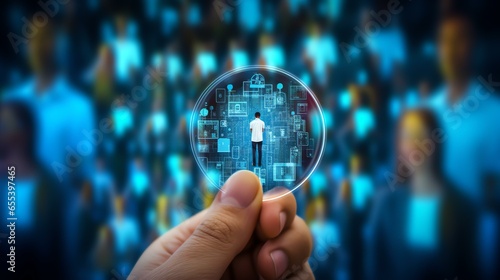 Hand holding magnifier glass with human icon for focus customer target of customer relation management or CRM and human development concept.