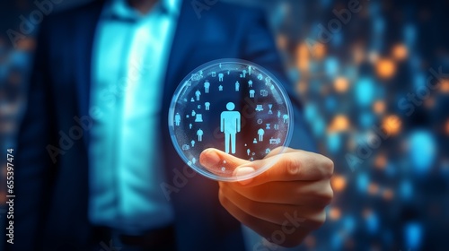 Hand holding magnifier glass with human icon for focus customer target of customer relation management or CRM and human development concept.