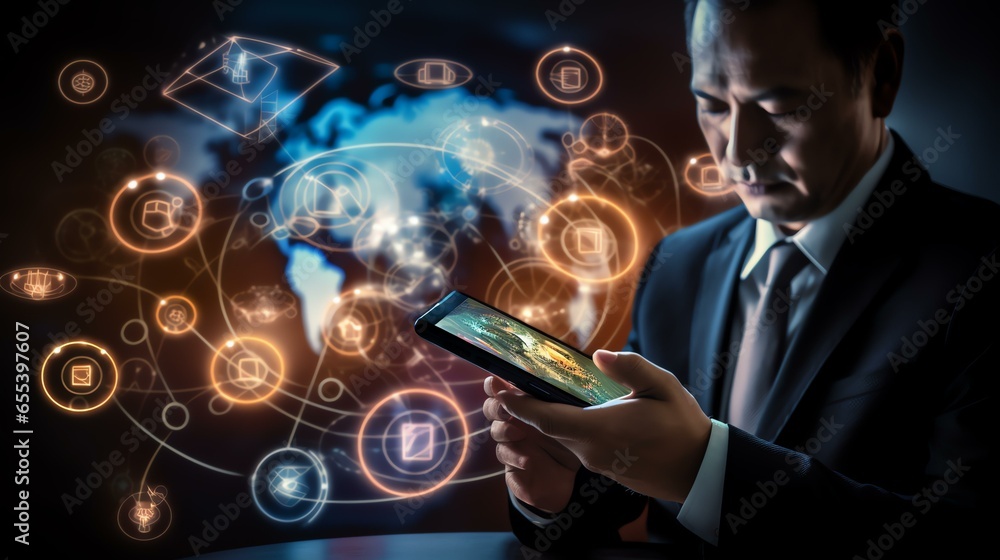 Businessman using telephone with world map and currency sign include dollar euro pound sterling yen yuan won for technology currency exchange and money transfer , Financial and investment concept. - obrazy, fototapety, plakaty 
