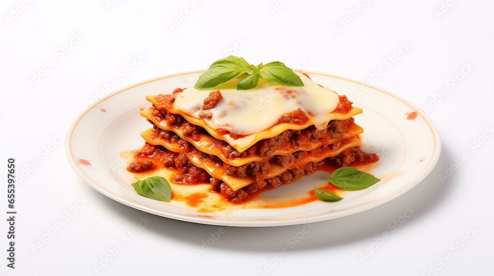 Delicious Plate of Beef Lasagna with Tomato Sauce on a White Background Generative AI Delicious Plate of Beef Lasagna with Tomato Sauce on a White Background Generative AI