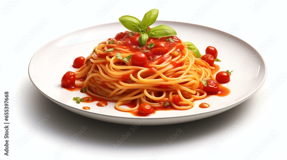 Delicious Plate of Spaghetti with Tomato Sauce on a White Background Generative AI Delicious Plate of Spaghetti with Tomato Sauce on a White Background Generative AI