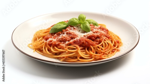 Delicious Plate of Spaghetti with Tomato Sauce on a White Background Generative AI