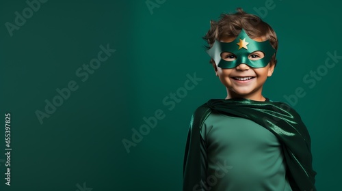 Cute Young Boy Dressed as a Superhero for Halloween on an Green Banner with Space for Copy