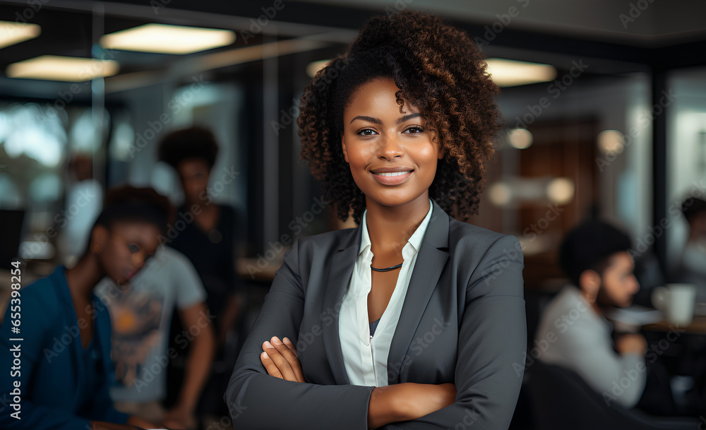 Portrait of a confident black businesswoman with all african american team in the background - obrazy, fototapety, plakaty 