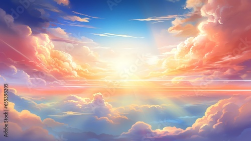 Heavenly sky. Sunset above the clouds abstract illustration. Extra wide format. Hope, divine, heavens concept. 