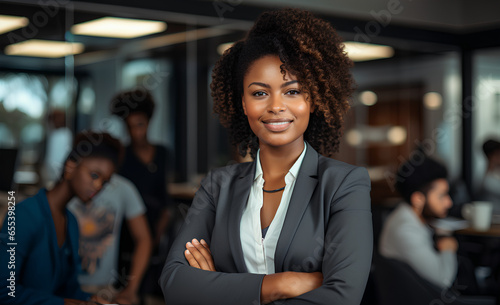 Portrait of a confident black businesswoman with all african american team in the background