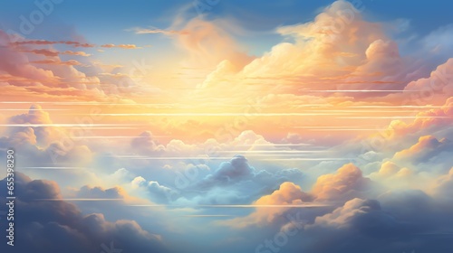 Heavenly sky. Sunset above the clouds abstract illustration. Extra wide format. Hope, divine, heavens concept. 